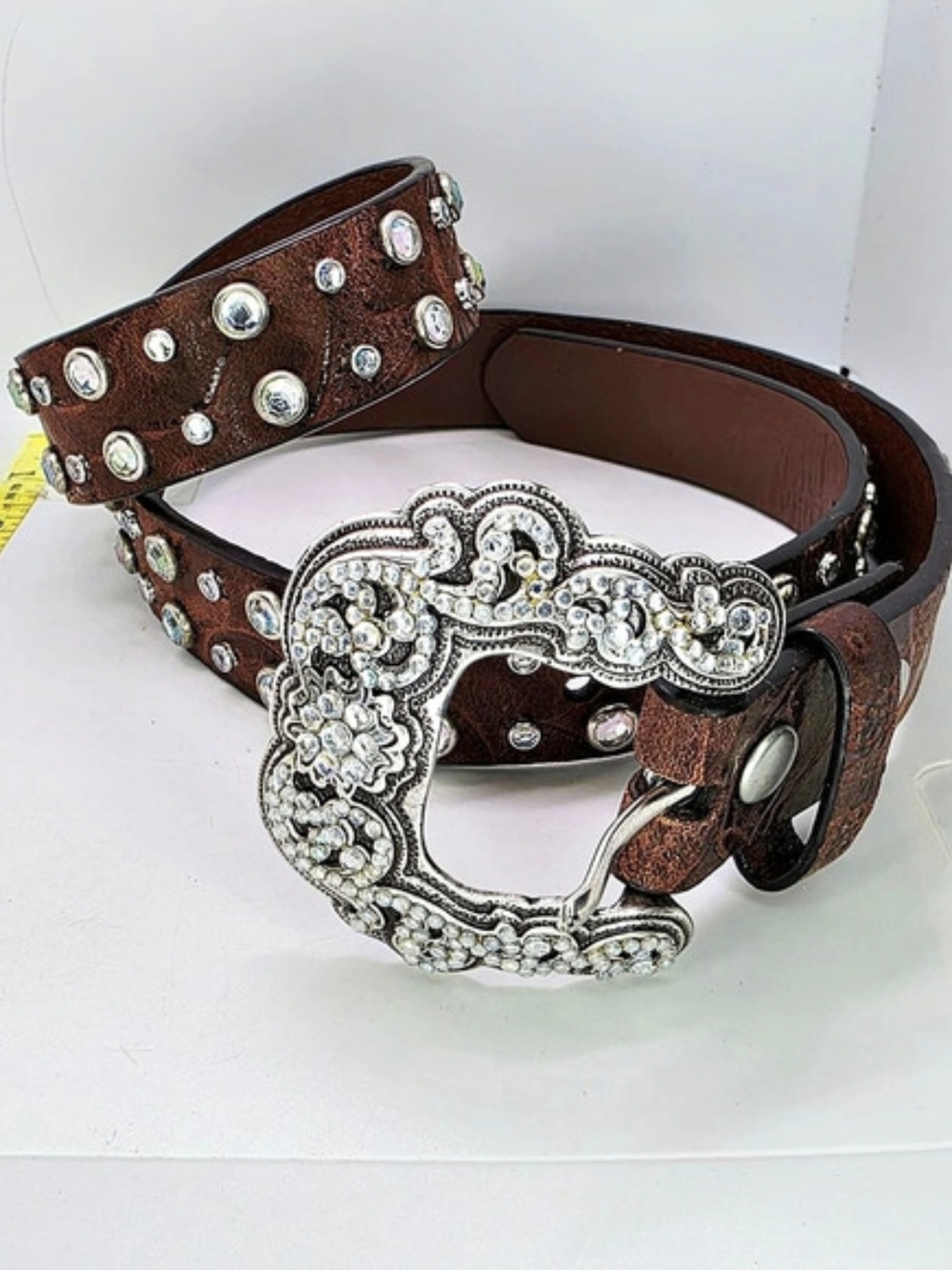 Vintage Miss Me Y2k Sparkle Brown Leather Rhinestone Stud Belt  Western Ranch XL